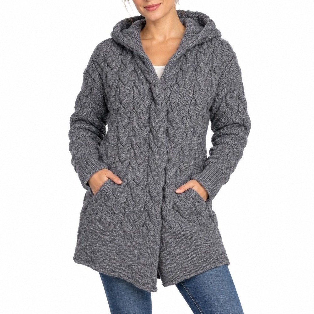 Cocogio Cardigan Women L Grey Cable Knit Hooded Wool Blend Made in Italy Sweater